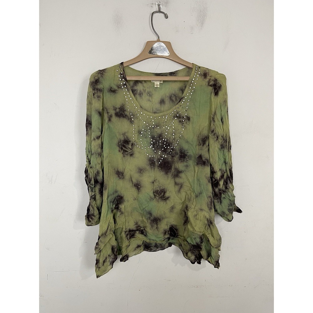 Bila‎ Women Shirt Medium Green Tie Dye Fairy Goblin Sheer Hi Low Rhinestone